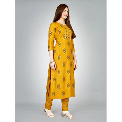 Generic Women's Casual 3-4 th Sleeve Embroidery Rayon Kurti Pant Set (Yellow)