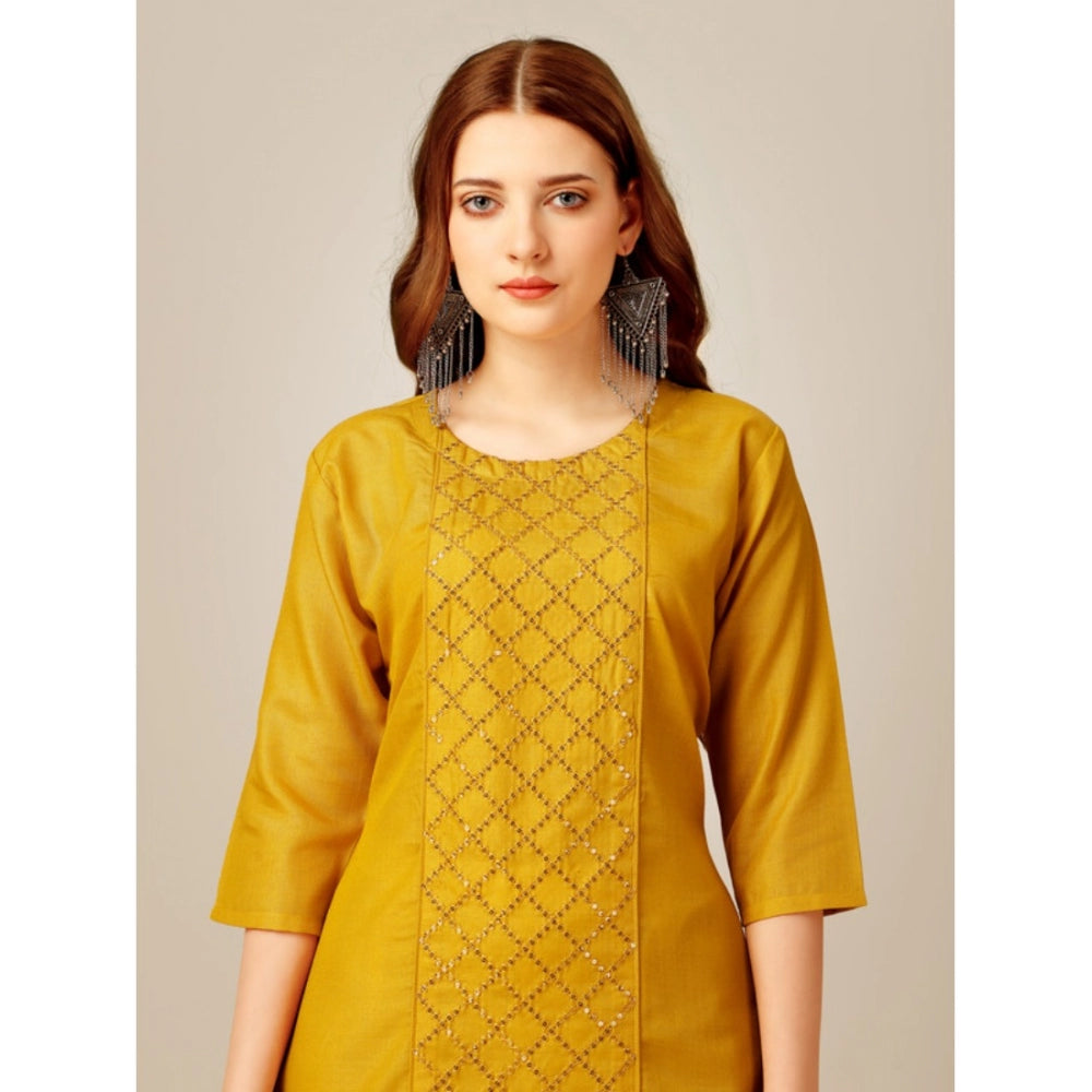 Generic Women's Casual 3-4 th Sleeve Embroidery Cotton Kurti Pant Set (Yellow)