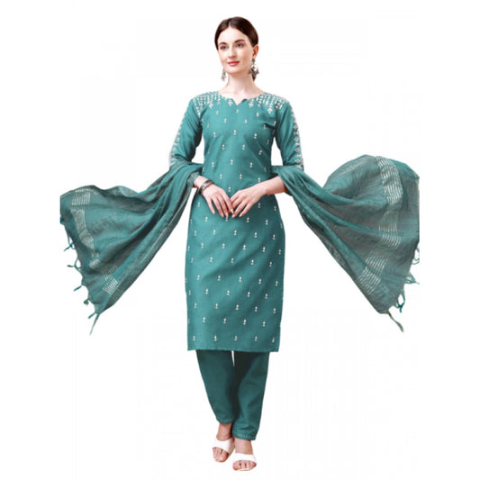 Generic Women's Casual 3-4 th Sleeve Embroidery Cotton Kurti Pant Dupatta Set (Teal)