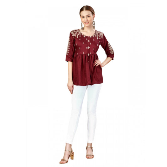 Generic Women's Casual 3-4 th Sleeve Embroidered Silk Tunic Top (Rust)