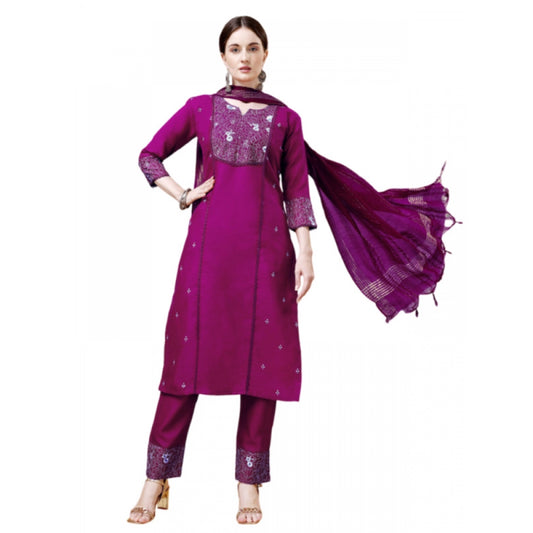 Generic Women's Casual 3-4 th Sleeve Embroidery Cotton Kurti Pant Dupatta Set (Purple)