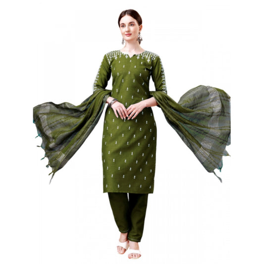 Generic Women's Casual 3-4 th Sleeve Embroidery Cotton Kurti Pant Dupatta Set (Green)