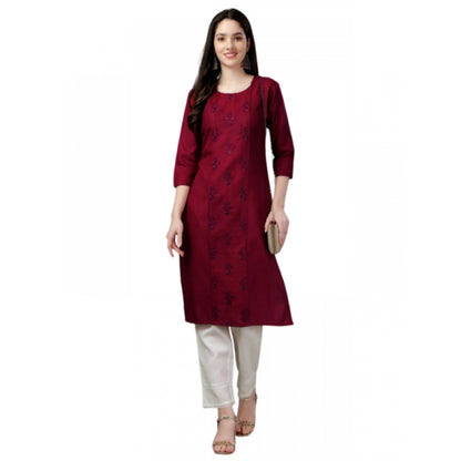 Generic Women's Casual 3-4 th Sleeve Embroidery Cotton Kurti (Maroon)