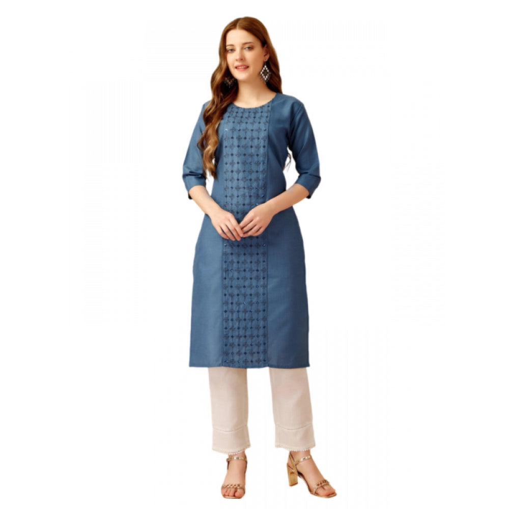 Generic Women's Casual 3-4 th Sleeve Embroidery Cotton Kurti Pant Set (Light Blue)