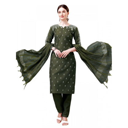 Generic Women's Casual 3-4 th Sleeve Embroidery Cotton Kurti Pant Dupatta Set (Dark Green)