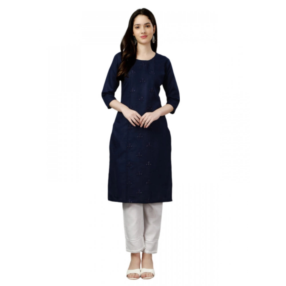 Generic Women's Casual 3-4 th Sleeve Embroidery Cotton Kurti (Dark Blue)