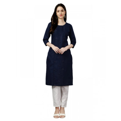 Generic Women's Casual 3-4 th Sleeve Embroidery Cotton Kurti (Dark Blue)