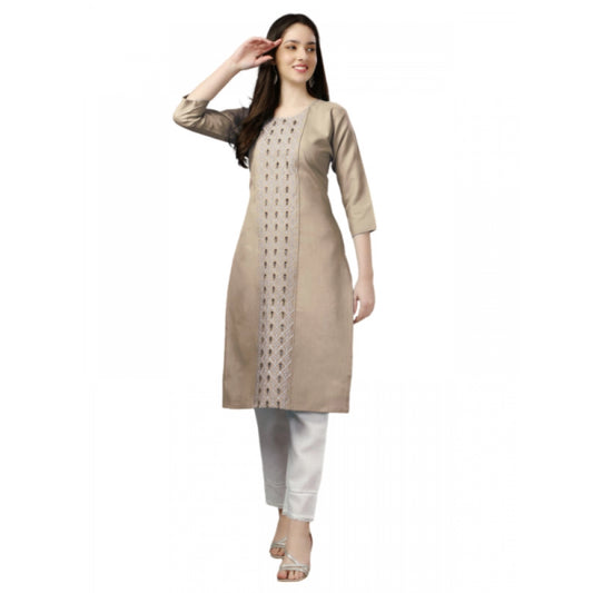 Generic Women's Casual 3-4 th Sleeve Embroidery Cotton Kurti (Beige)