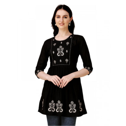 Generic Women's Casual 3-4 th Sleeve Embroidered Rayon Tunic Top (Black)