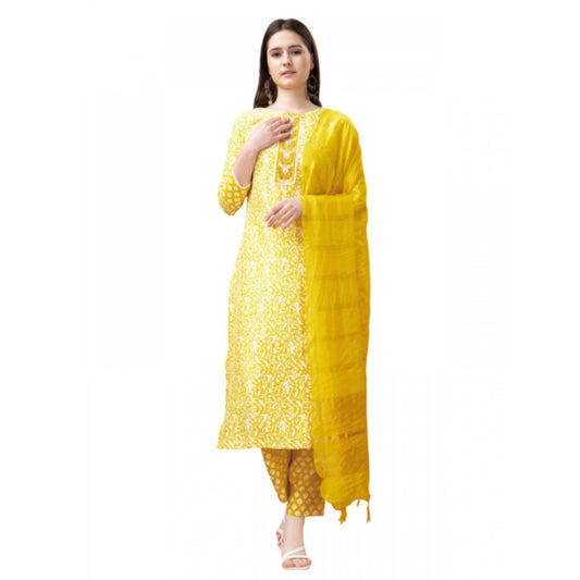 Generic Women's Casual 3-4 th Sleeve Embroidery Rayon Kurti Pant Dupatta Set (Yellow)