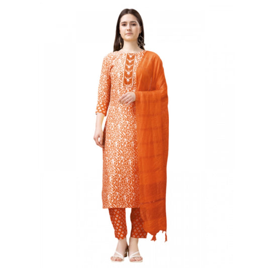 Generic Women's Casual 3-4 th Sleeve Embroidery Rayon Kurti Pant Dupatta Set (Orange)