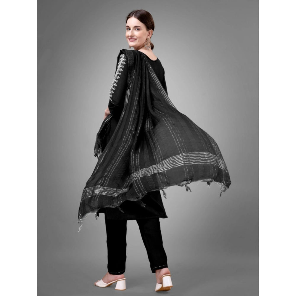 Generic Women's Casual 3-4 th Sleeve Embroidery Cotton Kurti Pant Dupatta Set (Black)