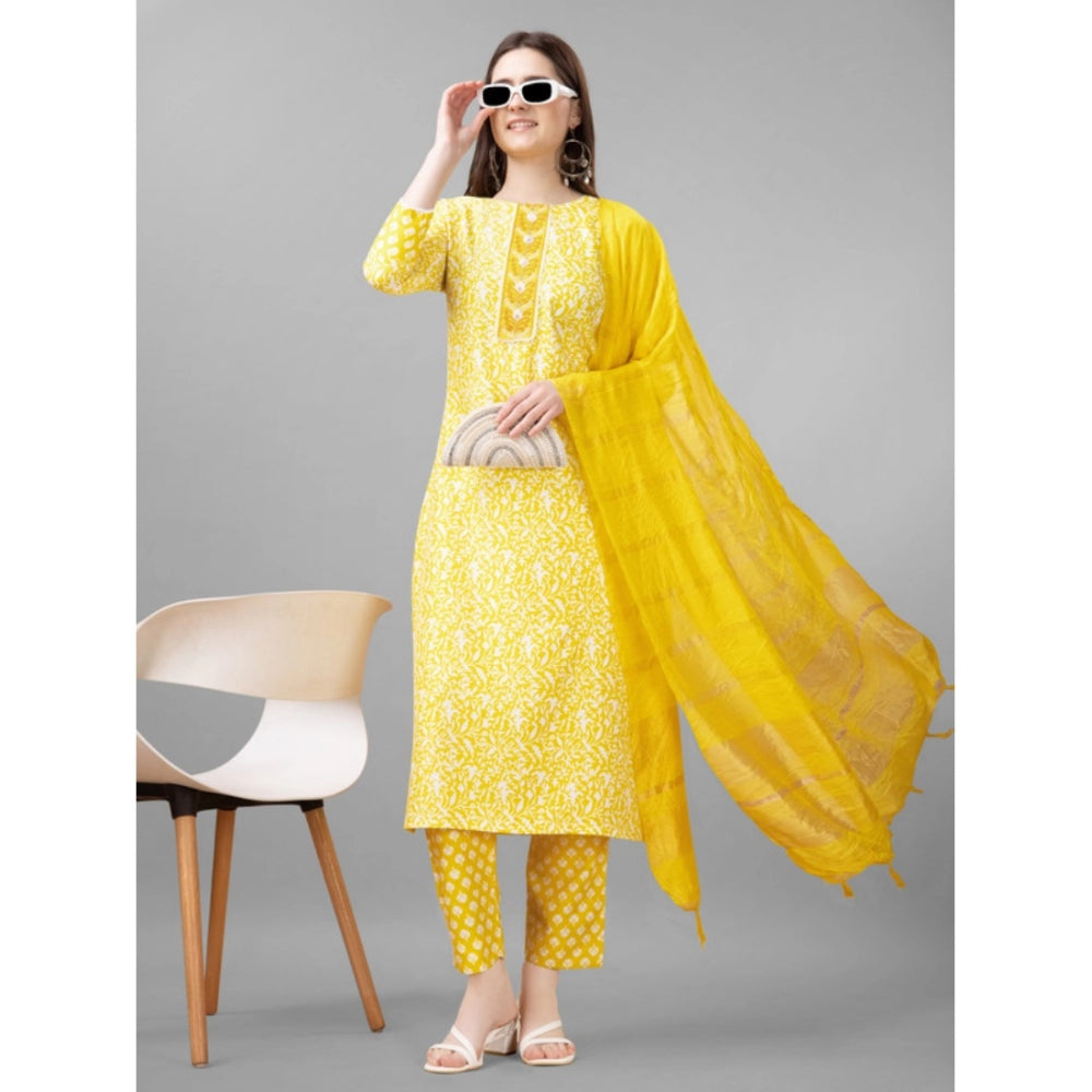 Generic Women's Casual 3-4 th Sleeve Embroidery Rayon Kurti Pant Dupatta Set (Yellow)