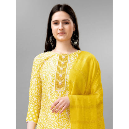 Generic Women's Casual 3-4 th Sleeve Embroidery Rayon Kurti Pant Dupatta Set (Yellow)