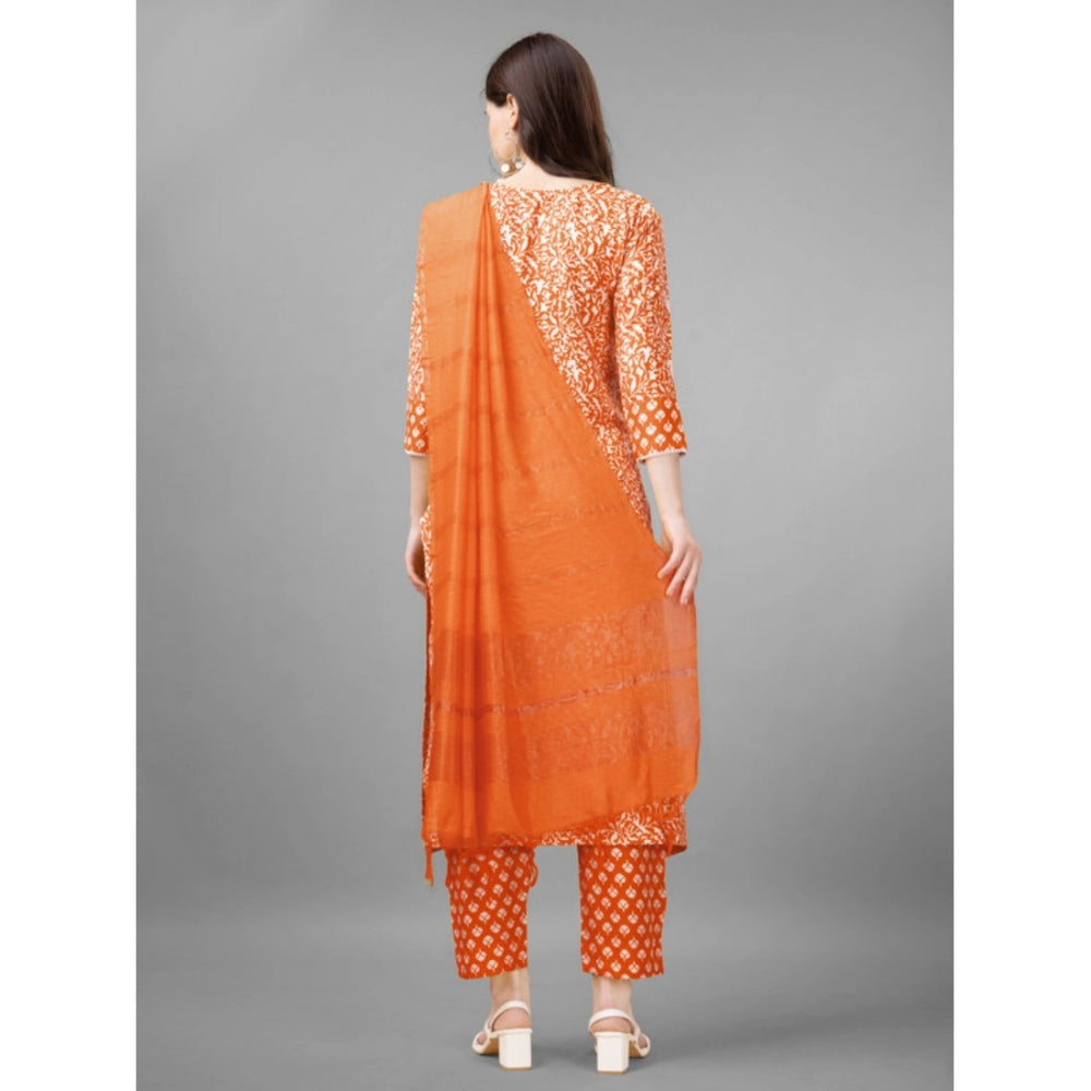 Generic Women's Casual 3-4 th Sleeve Embroidery Rayon Kurti Pant Dupatta Set (Orange)