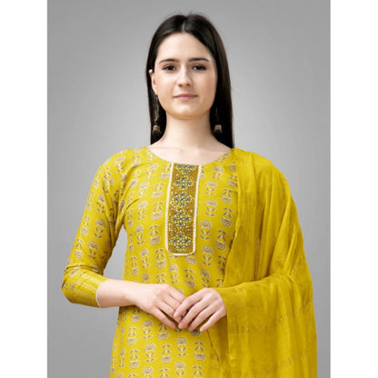 Generic Women's Casual 3-4 th Sleeve Embroidery Rayon Kurti Pant Dupatta Set (Yellow)