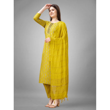 Generic Women's Casual 3-4 th Sleeve Embroidery Rayon Kurti Pant Dupatta Set (Yellow)