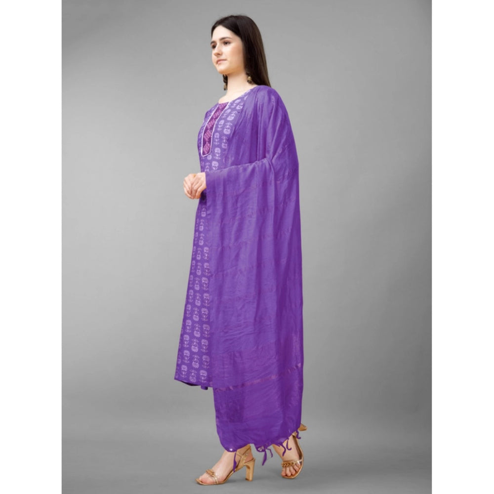 Generic Women's Casual 3-4 th Sleeve Embroidery Rayon Kurti Pant Dupatta Set (Purple)