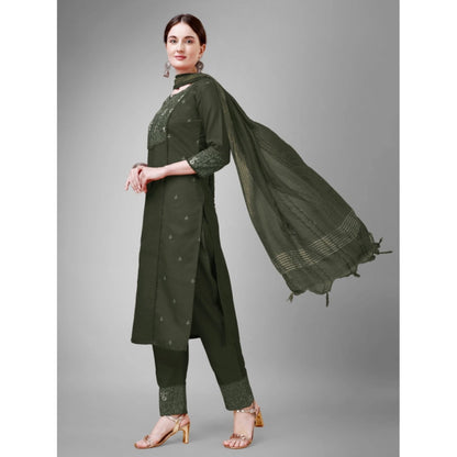 Generic Women's Casual 3-4 th Sleeve Embroidery Cotton Kurti Pant Dupatta Set (Dark Green)