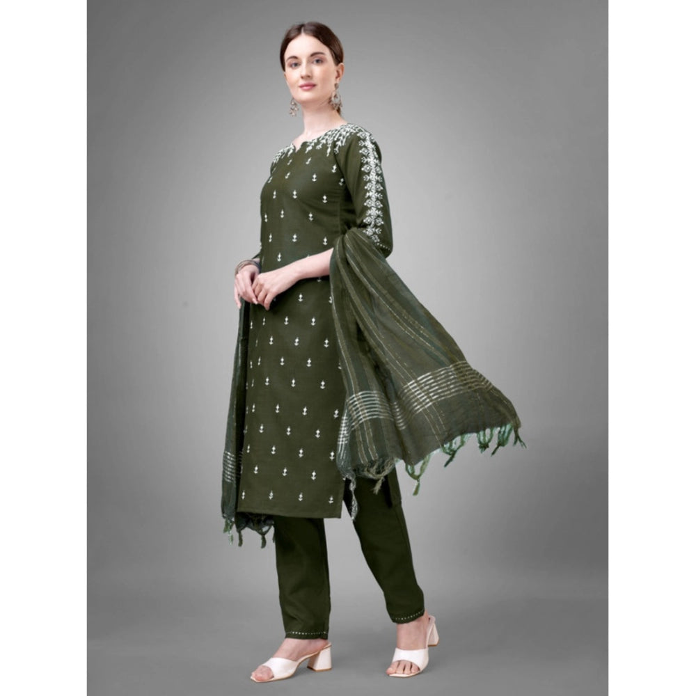 Generic Women's Casual 3-4 th Sleeve Embroidery Cotton Kurti Pant Dupatta Set (Dark Green)