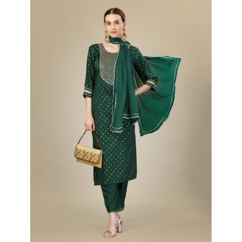 Generic Women's Casual 3-4 th Sleeve Embroidery Silk Blend Kurti Pant Dupatta Set (Dark Green)