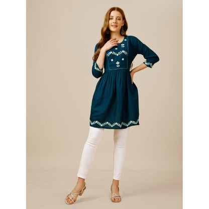 Generic Women's Casual 3-4 th Sleeve Embroidered Rayon Tunic Top (Blue)