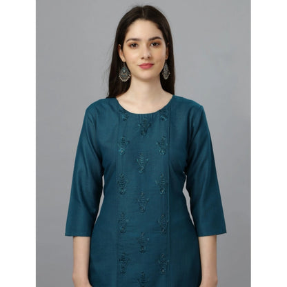 Generic Women's Casual 3-4 th Sleeve Embroidery Cotton Kurti (Blue )