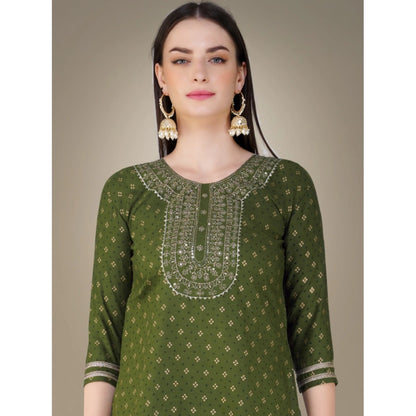 Generic Women's Casual 3-4 th Sleeve Embroidery Cotton Kurti Pant Dupatta Set (Green)