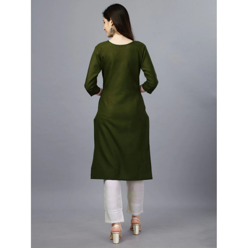 Generic Women's Casual 3-4 th Sleeve Embroidery Cotton Kurti (Dark Green)