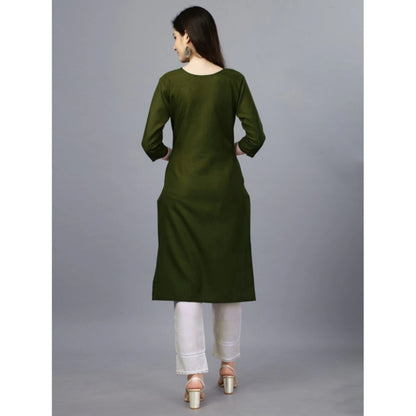 Generic Women's Casual 3-4 th Sleeve Embroidery Cotton Kurti (Dark Green)