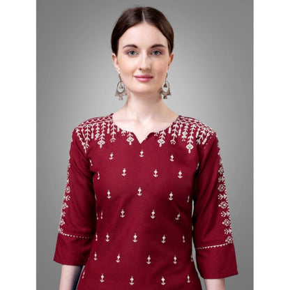 Generic Women's Casual 3-4 th Sleeve Embroidery Cotton Kurti Pant Dupatta Set (Maroon)