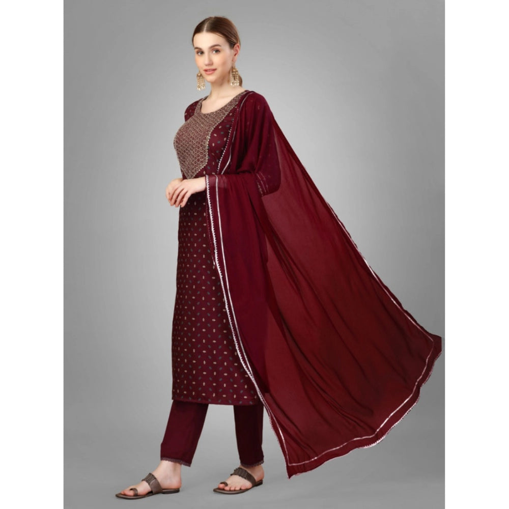 Generic Women's Casual 3-4 th Sleeve Embroidery Silk Blend Kurti Pant Dupatta Set (Maroon)