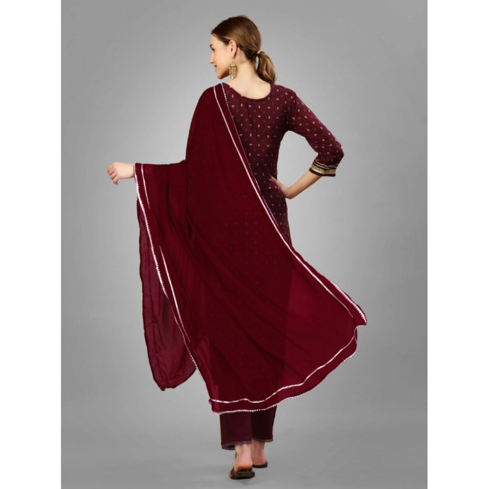 Generic Women's Casual 3-4 th Sleeve Embroidery Silk Blend Kurti Pant Dupatta Set (Maroon)