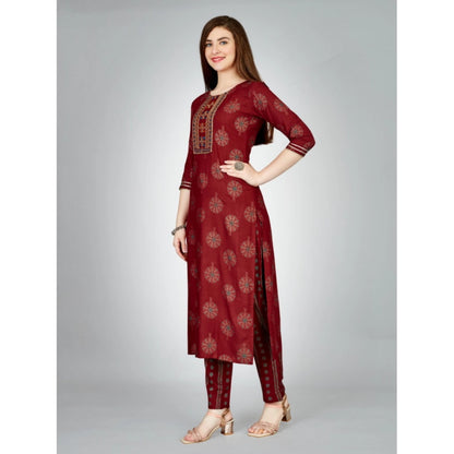 Generic Women's Casual 3-4 th Sleeve Embroidery Rayon Kurti Pant Set (Maroon)