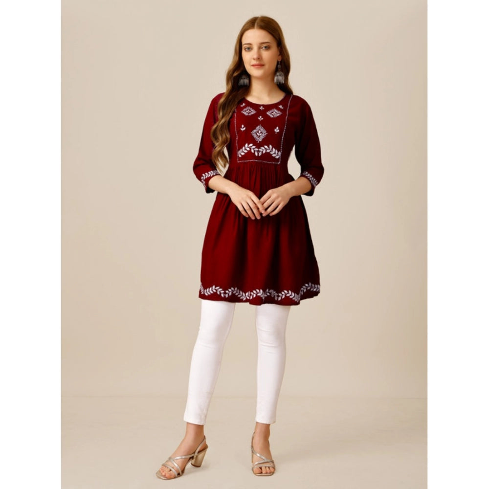 Generic Women's Casual 3-4 th Sleeve Embroidered Rayon Tunic Top (Maroon)