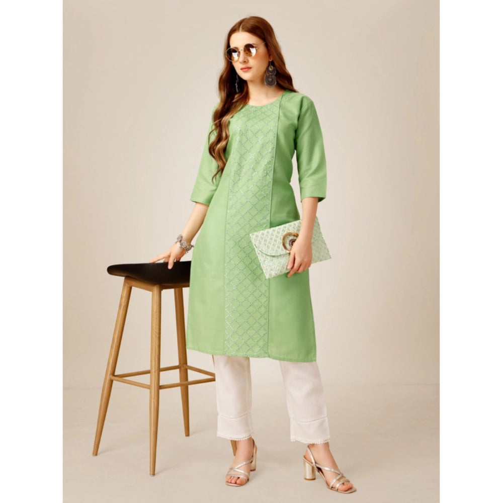 Generic Women's Casual 3-4 th Sleeve Embroidery Cotton Kurti Pant Set (Pista Green)