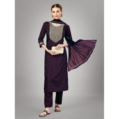 Generic Women's Casual 3-4 th Sleeve Embroidery Silk Blend Kurti Pant Dupatta Set (Purple)