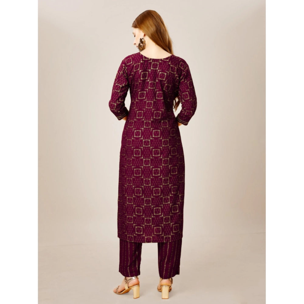 Generic Women's Casual 3-4 th Sleeve Embroidery Rayon Kurti Pant Set (Purple)