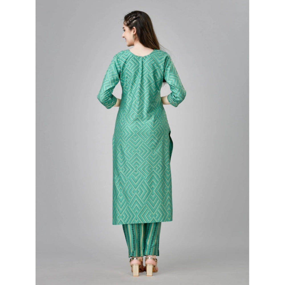 Generic Women's Casual 3-4 th Sleeve Embroidery Rayon Kurti Pant Set (Green)