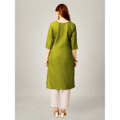 Generic Women's Casual 3-4 th Sleeve Embroidery Cotton Kurti Pant Set (Green)