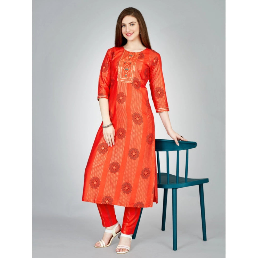 Generic Women's Casual 3-4 th Sleeve Embroidery Rayon Kurti Pant Set (Orange)