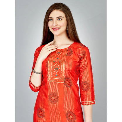 Generic Women's Casual 3-4 th Sleeve Embroidery Rayon Kurti Pant Set (Orange)