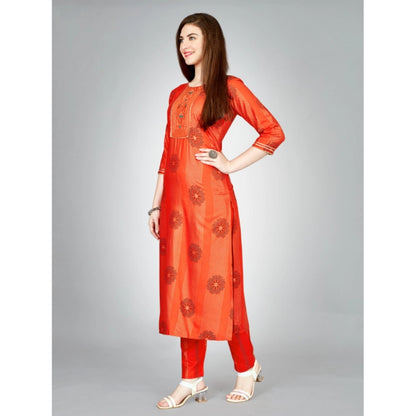 Generic Women's Casual 3-4 th Sleeve Embroidery Rayon Kurti Pant Set (Orange)