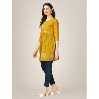 Generic Women's Casual 3-4 th Sleeve Embroidered Rayon Tunic Top (Mustard)