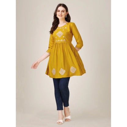 Generic Women's Casual 3-4 th Sleeve Embroidered Rayon Tunic Top (Mustard)