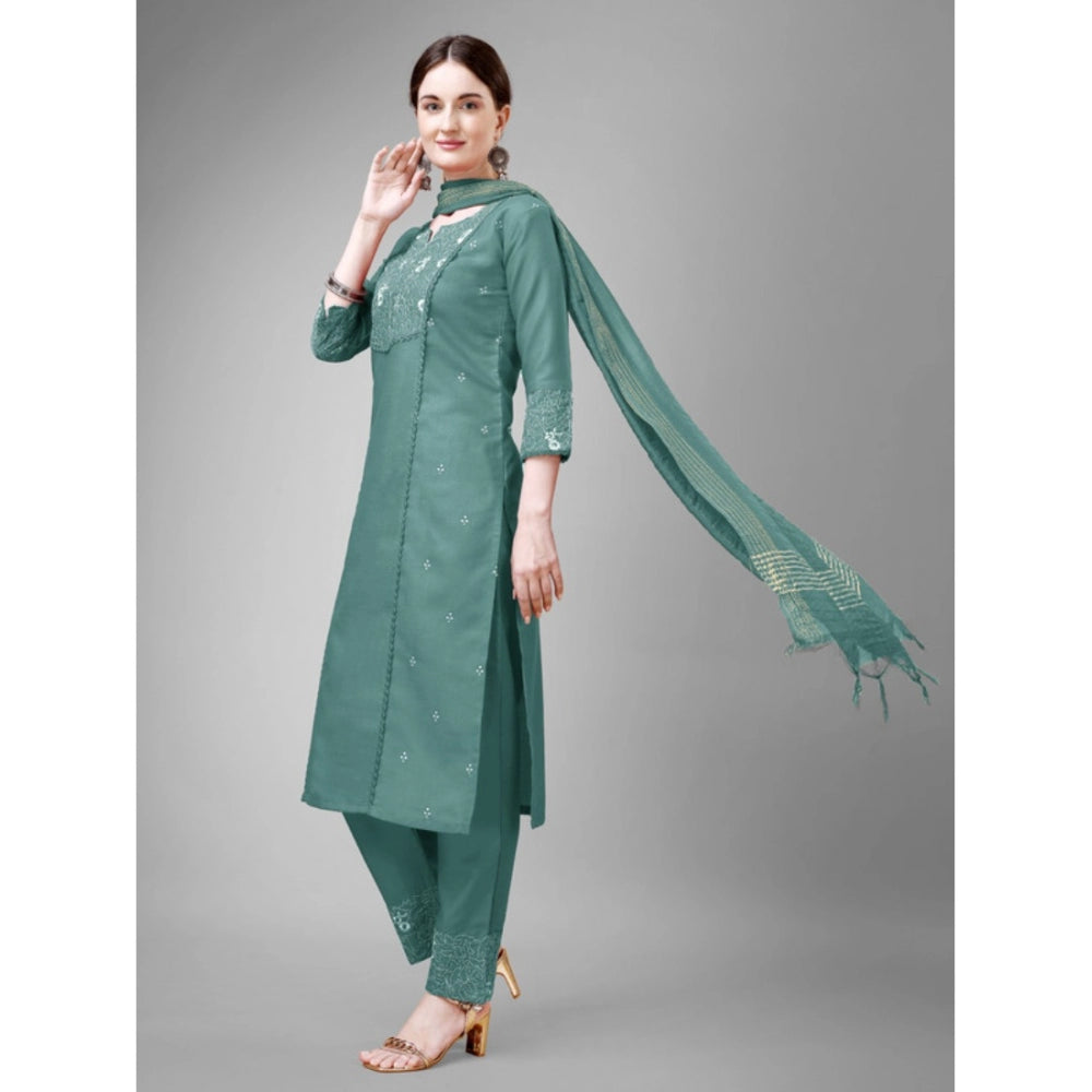 Generic Women's Casual 3-4 th Sleeve Embroidery Cotton Kurti Pant Dupatta Set (Teal)