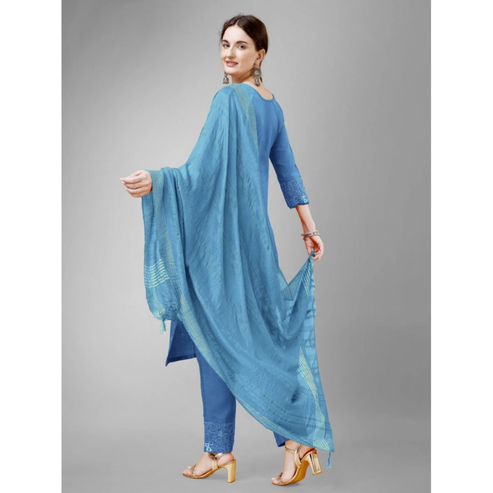 Generic Women's Casual 3-4 th Sleeve Embroidery Cotton Kurti Pant Dupatta Set (Sky Blue)