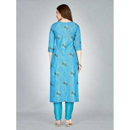 Generic Women's Casual 3-4 th Sleeve Embroidery Rayon Kurti Pant Set (Light Blue)