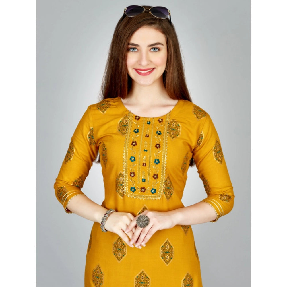 Generic Women's Casual 3-4 th Sleeve Embroidery Rayon Kurti Pant Set (Yellow)