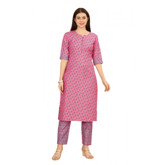 Generic Women's Casual 3-4 th Sleeve Printed Cotton Kurti Pant Set (Pink)